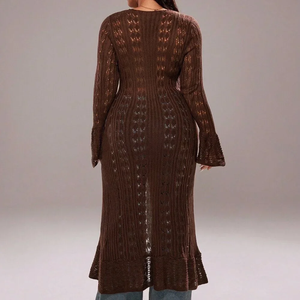 Coffee Brown Casual Women's Long Cardigan - Picture 2 of 7